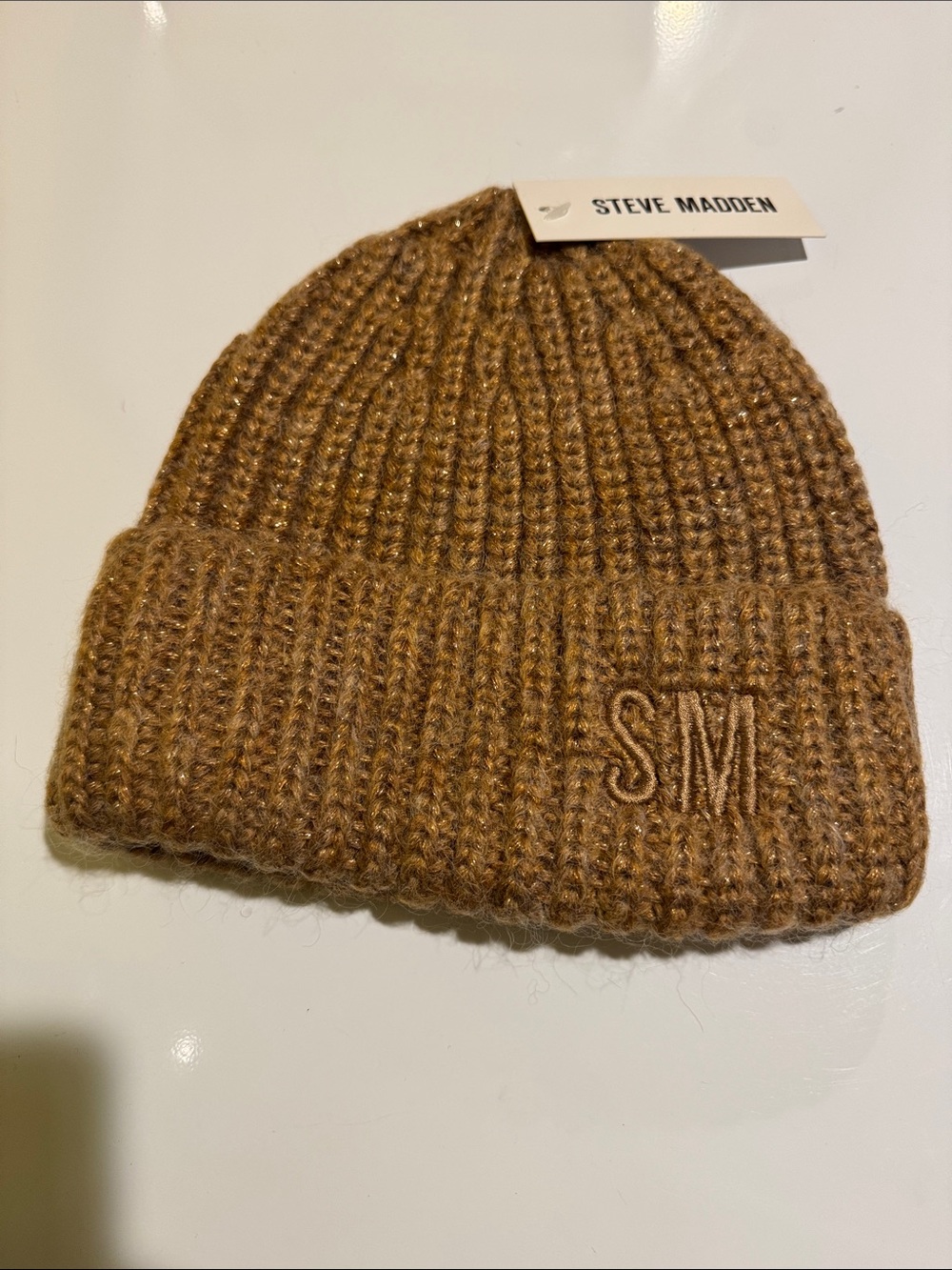 Steve Madden Knit Fold-Over Beanie in Caramel Brown